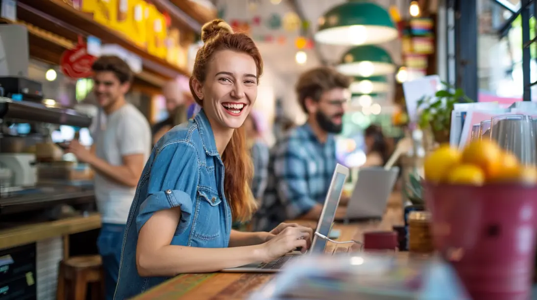 smiling woman on laptop working on her social media